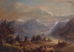 Lake Scene, Wind River Dağları, c.1837 (kağıt üzerine kurşun kalem, suluboya ve guaj) by Alfred Jacob Miller