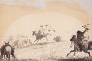 Çantasını Fırlayan Katır, 1837 dolayları (kalem, tükenmez kalem ve mürekkep ve kağıt üzerine yıkama) by Alfred Jacob Miller