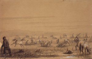 Kampa Ulaşmak, Eyerleri Kaldırmak, 1837 civarı (kalem, tükenmez kalem ve mürekkep, kağıt üzerine yıkama ve guaj boya) by Alfred Jacob Miller