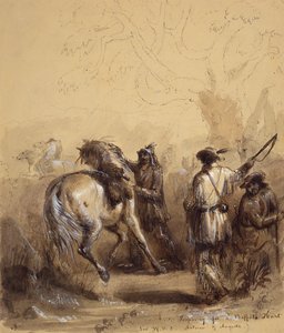 Sir W.D.S., Antoine ve Auguste veya Bir Buffalo Hunt için Hazırlık, c.1837 (kalem ve mürekkep, kağıt üzerinde yıkama ve guaj boya) by Alfred Jacob Miller