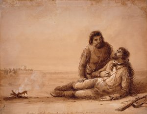 Mühimmatsız ve Bağımsızlık Kayası yakınında Açlıktan Ölen Tuzakçılar, 1850 dolayları (kağıt üzerinde sepya yıkama) by Alfred Jacob Miller