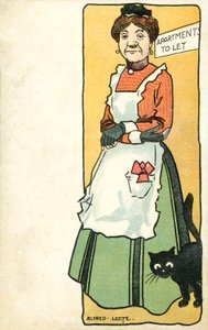 Ev sahibesi ve evcil kedisi (chromolitho)