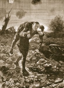 Geçici Teğmen G. St. G. S. Cather, yaralı bir adamı düşmanın tam görüş alanında ve makineli tüfek ve topçu ateşi altında getiriyor. by Alfred Pearse