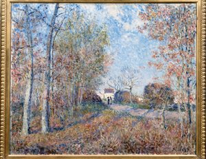 Sablons ile ahşap bir köşe veya odun cevherine giden yol (Fontainebleau