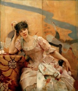 A.Stevens, Genç kadın ve Japon ekranı by Alfred Emile Stevens