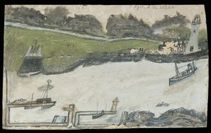 Kale ve deniz feneri ile liman sahnesi (kart üzerinde kalem ve yağ) by Alfred Wallis