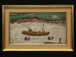 Deniz Feneri ile Sahil Arasında Üç Tekne, 1930 dolayları (kart üzeri yağlı boya)