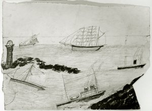 Üç yelkenli gemi, iki buharlı gemi ve Godrevy Deniz Feneri, c.1935-38 (kart üzerinde yağ ve kurşun kalem) by Alfred Wallis