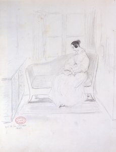 George Sand (1804-76), pencerenin yanındaki kanepede kitap okuyor, 1833