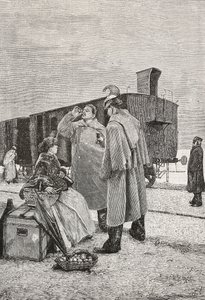 Five Minutes Stop, trende durup yemek yemeyi bırakan iki adam, L'Illustrazione Italiana'dan Alfredo Luxoro'nun (1859-1918) bir tablosundan gravür, yıl 12, sayı 43, 25 Ekim by Alfredo Luxoro