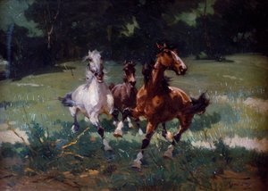 Koşan Atlar, resim Alfredo Tominz (1854-1936), karton üzerine yağlı boya, 67x48 cm, İtalya