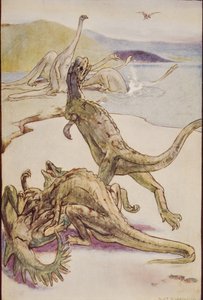 Deinotheria'yı gösteren bir Mezozoik Sahne, HG Wells'in 'Tarihin Anahattı'ndan bir çizim, Cilt I, 1920'de yayınlandı (renkli taş)