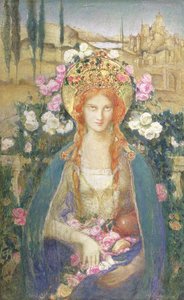 Macaristan'ın Aziz Elizabeth'i, 1916 (diadem kabartması üzerinde yarı değerli taşlarla altın varak eklenmiş gemiye serilen kağıt üzerinde tempera) by Alice Macallan Swan