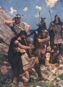 Yaşlı bir Ozan gibi giyinmiş Kral Alfred, Şiddetli Danimarkalıların Kampına geldi (renkli taş)