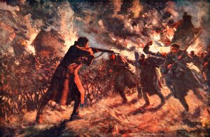 Er Meston, bir İngiliz Siperini ele geçirdikten sonra ilerleyen düşmanlardan birkaçına tek başına saldırıyor (renkli taş) by Allan Stewart