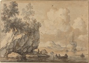 Kayalık Bir Koyda Kürekli Teknelerde Figürler, Ötesinde Yelkenli Gemiler by Allart van Everdingen