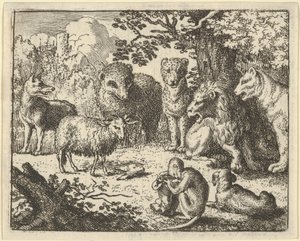 Maymun Paketi Açar ve Tavşanın Başını Kaldırır...., 1650-75. by Allart van Everdingen