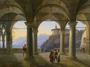 Figürlü personel ve dağ gölü manzaralı sütun terası by Alois Gustav Schulz