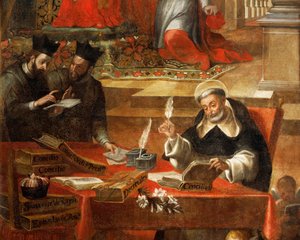 St Raymond Konseyi yazarken iki Cizvit konuşuyor, ayrıntı Alonso Antonio Villamor (1661-1729) tarafından Papa Gregory IX