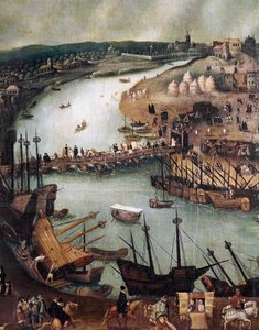 Sevilla Şehri.Detaylı liman ve Ticari Faaliyetler(resim, 16. yüzyıl sonu)
