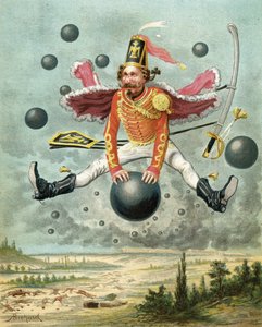 Baron Munchausen, Tippoo ile dövüş sırasında gülleye biniyor, Rudolf Erich Raspe