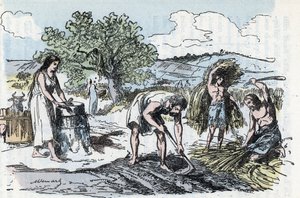 Tarihöncesinde günlük yaşam: demir çağında tarım işçiliği sahnesi Rengade'nin "" La nature et l'homme" adlı gravürü 1881 Özel koleksiyon