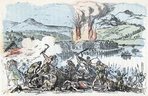 Prehistorya: demir çağının başındaki savaş sahnesi, ayaklı ev (uzun ayaklı ev) yerleşim yerlerinin yangını Rengade'nin "" La nature et l'homme"" adlı eserinden gravür 1881 Özel koleksiyon by Alphonse Demarle