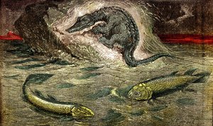 Balıktan sürüngenlere geçiş: Balıktan proteozor (üstte) sürüngen, kömür dönemi. Sol altta Holoptychius ve sağda L'Osteolepis. 1885. Doğal Yaratılış ve Canlılar. Çizim A. Demarle by Alphonse Demarle