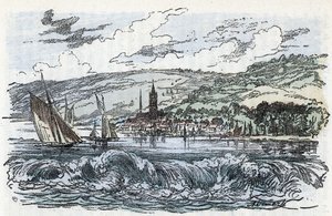 Seine Maritime, Normandiya'daki Caudebec-en-Caux'ta (Caudebec en Caux) Seine'nin gelgit deliğinin görünümü (Seine nehrinin Caudebec en Caux'daki gelgit deliği, Normandiya) "" La nature et l'homme'den gravür ”” Rengade 1881 by Alphonse Demarle