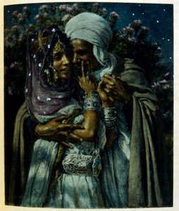 Arap yaşamının 'Serap' Sahnelerinden Dinet'in illüstrasyonu. 1906. Seraplar, Scénes De La Vie Arab, Etienne Dinet tarafından Silman Ben Ibrahim Bamer'in yorumuyla resimlendi. Nasreddine Dinet, Alphonse-Étienne Dinet olarak doğdu; (1861-1929 by Alphonse Etienne Dinet