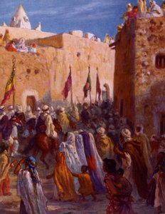 Cihat veya Kutsal Savaş'a başlamak için bir kasabadan ayrılan Müslüman Arap savaşçıları tasvir eden çizim. Nasreddine Dinet (Alphonse-Étienne Dinet) tarafından. 1861 – 1929. Fransız oryantalist ressam. 1918. by Alphonse Etienne Dinet