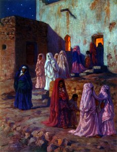 'Mevlid'i (Peygamberin Doğumu) kutlayan Müslüman Arap kadınları tasvir eden çizim. İslam peygamberi Muhammed'in doğum gününün kutlanması. Nasreddine Dinet (Alphonse-Étienne Dinet) tarafından. 1861 – 1929. Fransız oryantalist ressam. 1918. by Alphonse Etienne Dinet