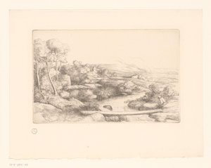 Bir nehir üzerinde tahta ile manzara la passerelle by Alphonse Legros (attributed to)