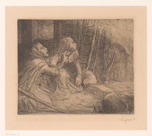 İki diz çökmüş kadın yukarıya bakıyor by Alphonse Legros (signed by artist)