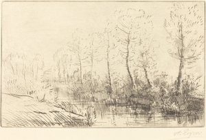 Huş Ağaçları: Sabah Işığında Görülen Su Kenarı by Alphonse Legros