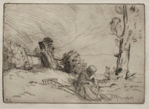 Bir Çitin Yanında Oturan Köylü Kadın. by Alphonse Legros