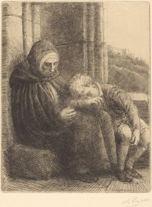 Duvara Karşı Oturan Kadın, Başı Kucağında Çocuk by Alphonse Legros