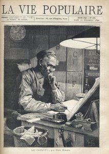 Ofisinde çalışan konsantre bir kopyacı. Alfons Maria Mucha