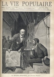 Sahne ve setlerle dolu bir tiyatronun sahne arkasında, oyuncular sahneden çıkarken, iki yaş arası bir adam oturan, düşünceli bir genç adama bir çarşafı sallayarak titreştirmek için seslenir. fırtınanın sesi. by Alphonse Mucha