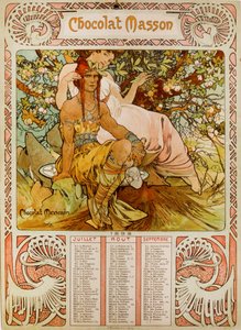 Mucha (1860 – 1939) tarafından resmedilen Çikolata Masson takvimi. Çek Art Nouveau ressamı by Alphonse Mucha