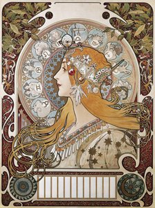 MUCHA, Alphonse Maria (1860-1939). Zodyak. 1896. (67x48 cm). “La Plume” (Tüy) dergisinin reklamını yapan poster ve takvim. Modernizm. Litografi
