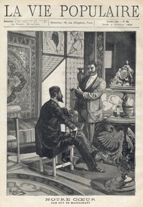 Biri oturan, diğeri ayakta duran iki adam, zengin bir şekilde dekore edilmiş bir oturma odasında (vitray pencereler, mobilyalar, sanat objeleri) sigara içiyor ve karşılıklı konuşuyorlar. Alfons Maria Mucha