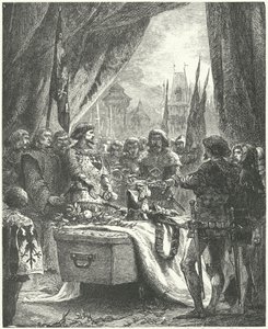 Chateauneuf de Randon komutanı, şehrin anahtarlarını Bertrand du Guesclin'in tabutuna koyuyor by Alphonse Marie de (after) Neuville