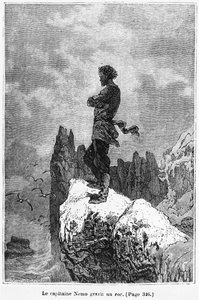 Kaptan Nemo bir kayaya tırmanıyor, Jules Verne (1828-1905) tarafından 
