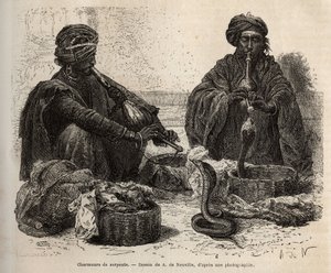 Toumril (flüt) üfleyerek kendilerine çeken sürüngenlerin ticaretini yapan Les charmeurs de serpents, Louis Rousselet tarafından 1864-1868