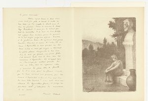 Bir erkeğin büstünün yanında oturan kadın ve Marcel Schwob'un şiiri La jarre couronnée ile su sürahisi ile illüstrasyon by Alphonse Osbert