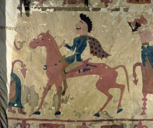 Pazyryk Mezar Höyüklerinden atlı bir savaşçıyı betimleyen halı, MÖ 5.-4. yy (tekstil) by Altaic School