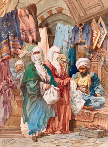 İpek Çarşısı (şark pazarı, çarşı, ipekli eşyalar) - İpek Çarşısı - Amedeo Preziosi (1816-1882), Kağıt üzerine suluboya (41x30 cm) - Pera Müzesi, İstanbul by Amadeo Preziosi