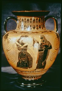 Bir Dionysos sahnesini betimleyen tavan arası siyah figürlü amfora, MÖ 540-530 (toprak çanak çömlek)
