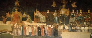 İyi Yönetim Alegorisi, Ambrogio Lorenzetti (aktif 1285-1348), fresk, Barış Salonu, Palazzo Publico, Siena tarafından Alegori ve iyi ve kötü yönetimin kasaba ve kırsaldaki etkilerinden detay by Ambrogio Lorenzetti